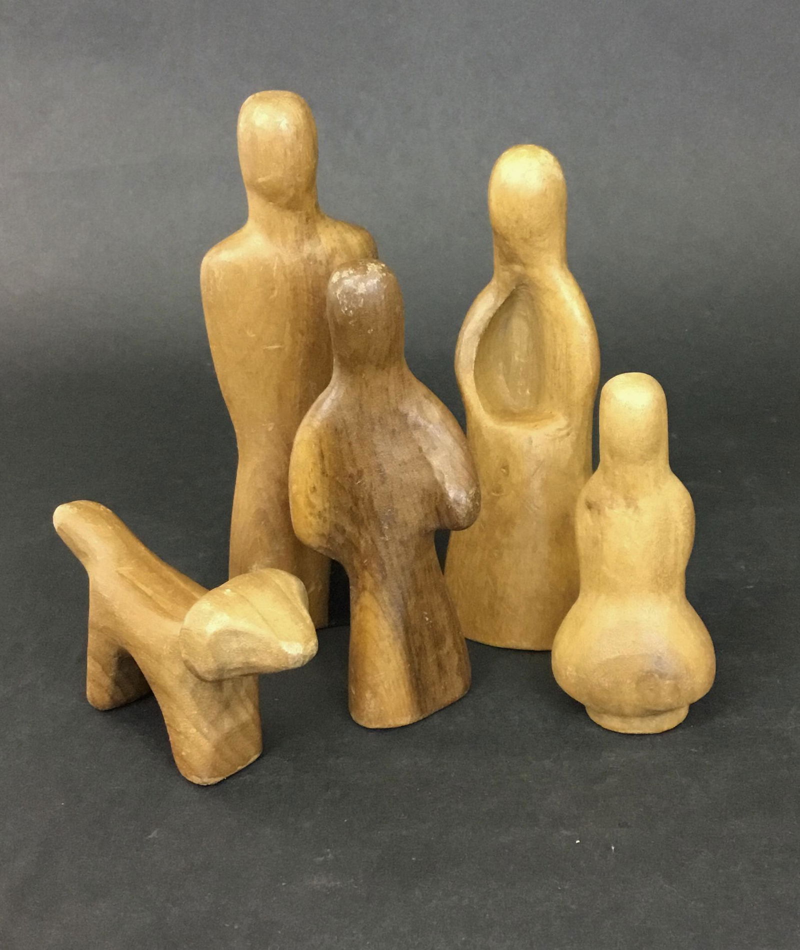 Creative Playthings 5 Family Figures: Designed by Antoni Vitale for Creative Playthings. Mom & Dad, 2 kids and the dog. Dad is 6.25" tall, girl is 3.75" and the dog is 4.5" long.