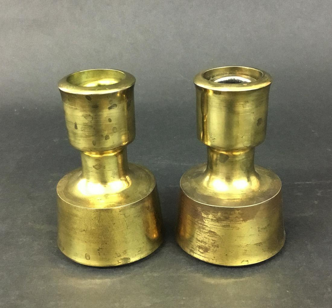 Pair Brass Jens Quistgaard Candlesticks: Nice pair heavy brass candle holders by Dansk with removable inserts. Marked. Made in France. 4.5" tall.