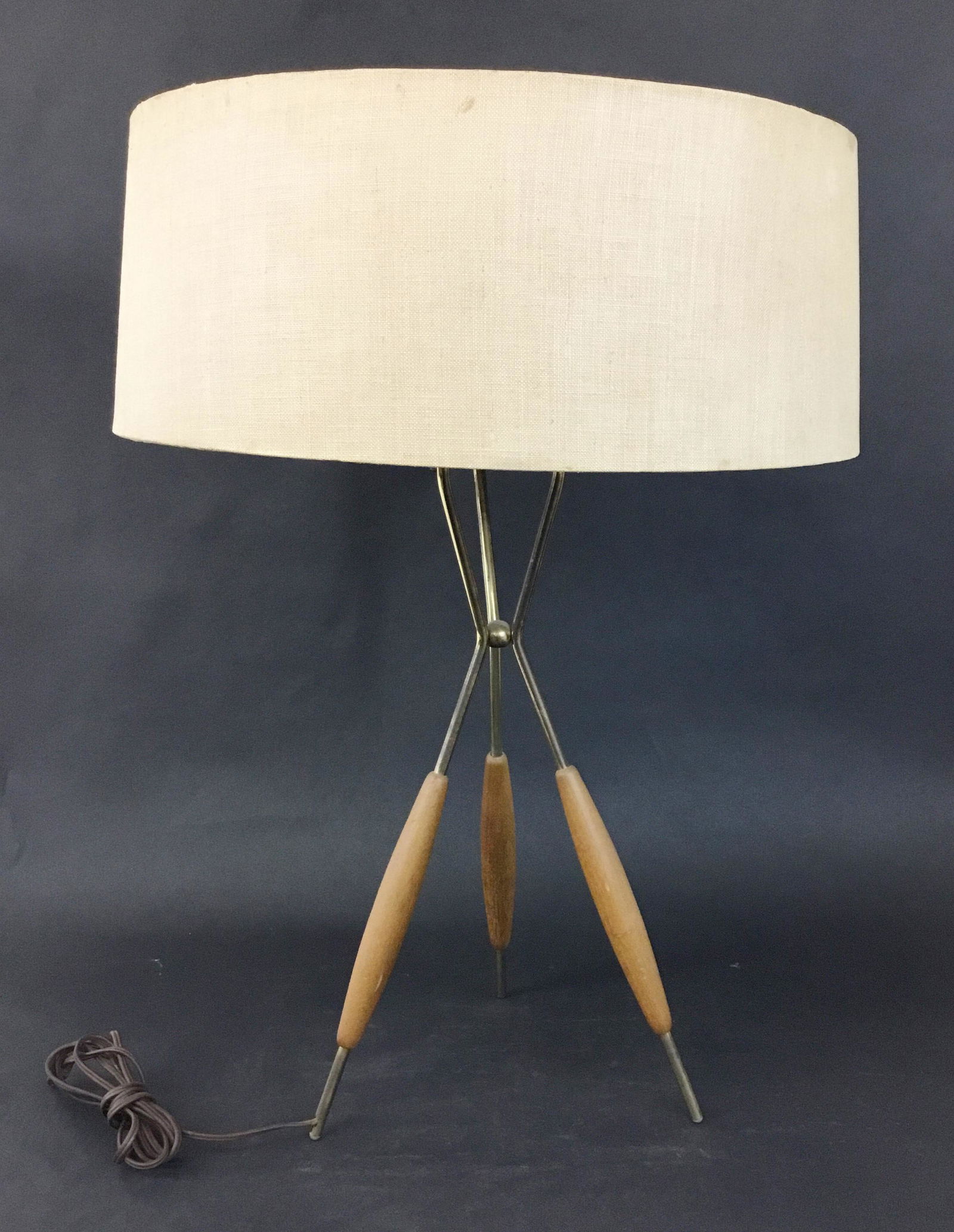 Gerald Thurston Lightolier Tripod Table Lamp: Brass and walnut tripod legs on this vintage Gerald Thurston for Lightolier lamp, complete with original shade, diffuser and hardware.
