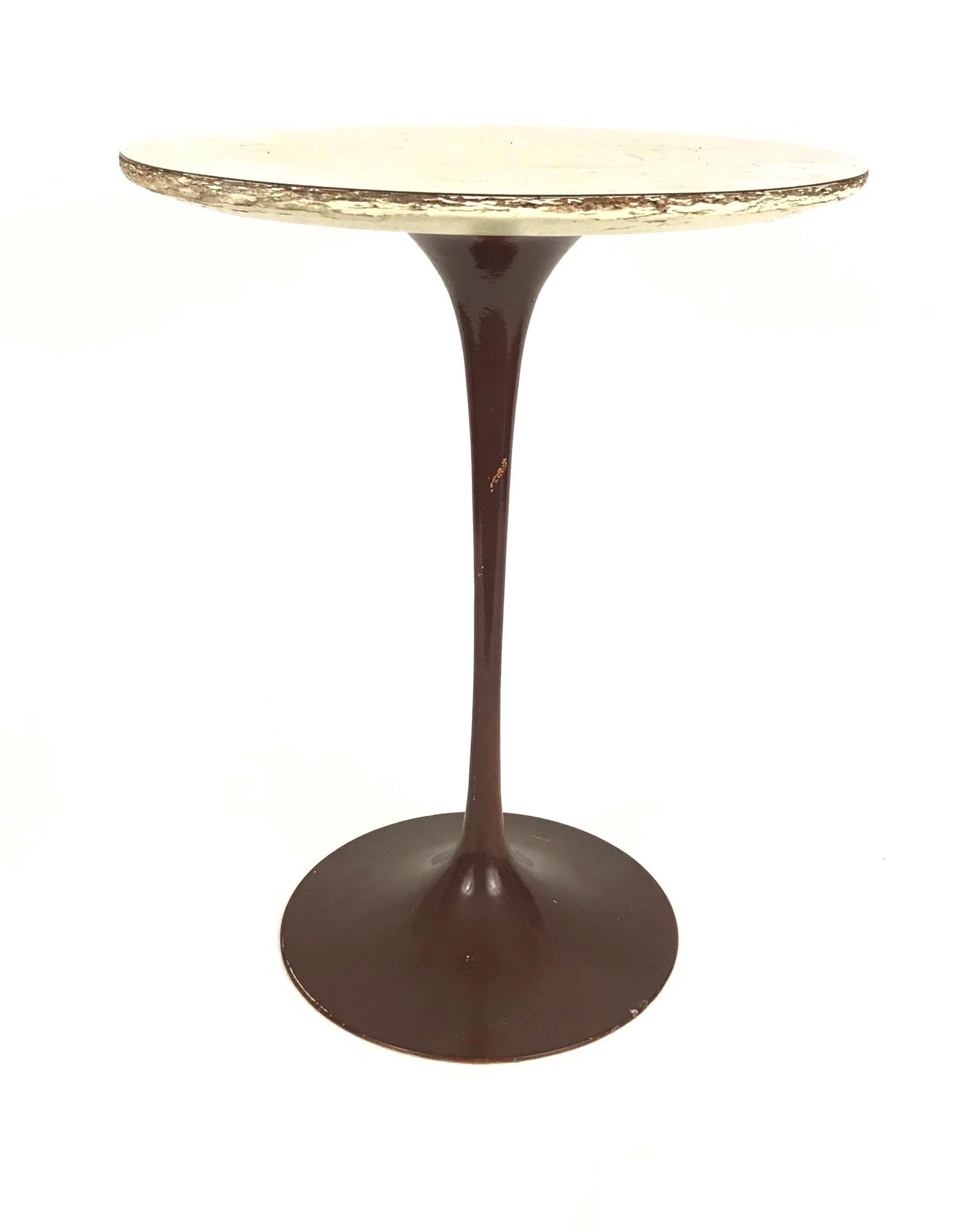 Saarinen Knoll Tulip Table: Tulip table by Saarinen for Knoll, has original lable. Top is laminate, and the base has been repainted brown. Significant wear around edge of top, as shown. 16"D, 20.25H