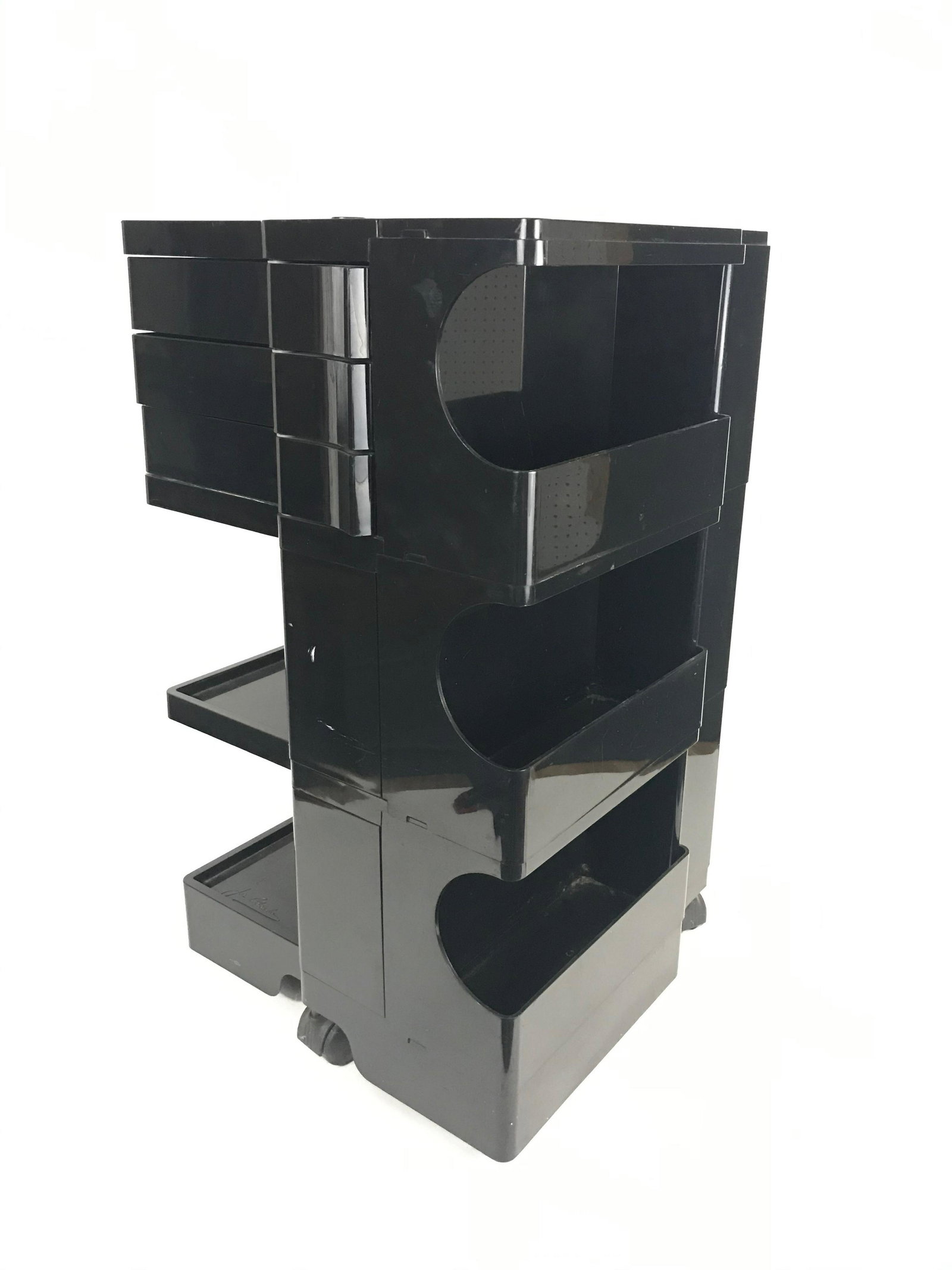 Bobi Trolley Tabouret by Joe Columbo: Classic black rolling cart by Joe Columbo. 17" x 17" x 44"
