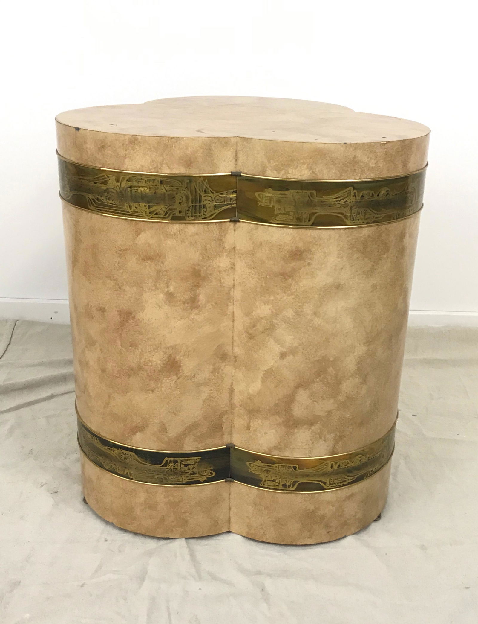 Mastercraft Bernhadt Rhone Pedestal: Trefoil shape with chased brass decoration. 21" x 21" x 24.5"