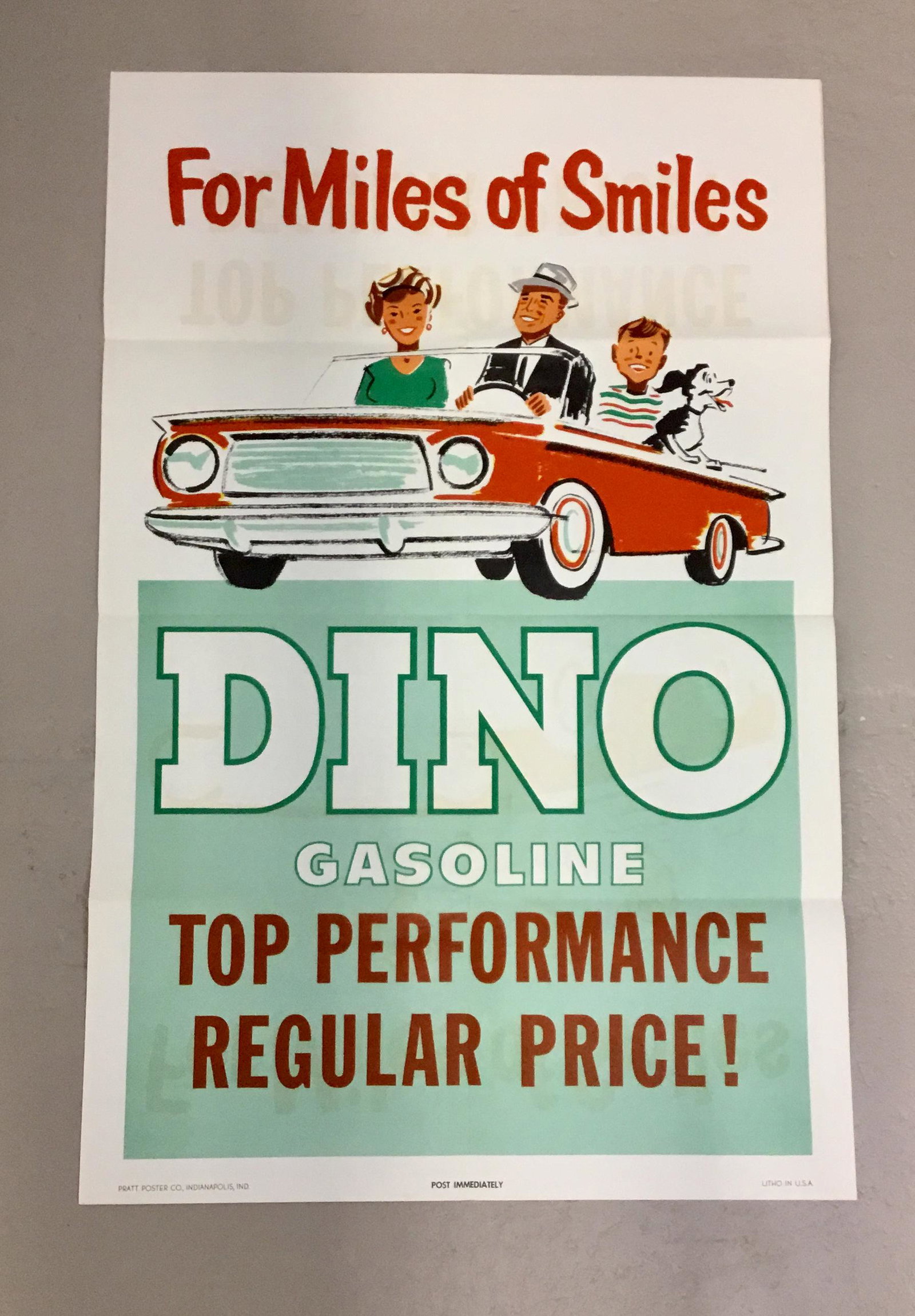 New Old Stock Sinclair Dino Gasoline Quick Change: Mailed to a gas station in Westford NY (pre zip code) and never used. Matches Premium Power in most cars. Dino Gasoline. Says "Post February 14th" 28" by 43" Pratt Poster Company Indianapolis Indiana.