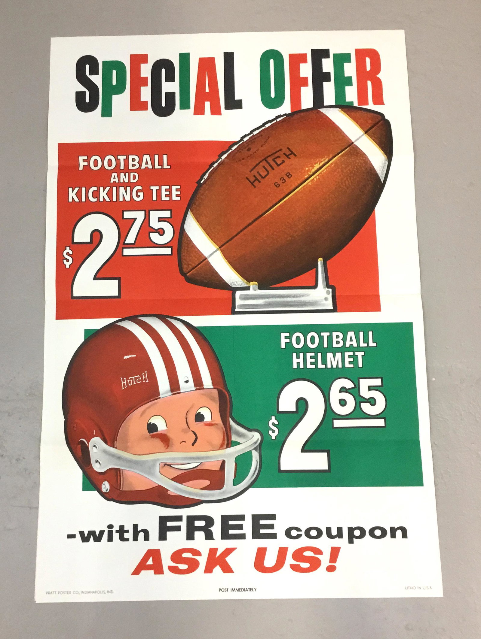 New Old Stock Sinclair Dino Gasoline Football Hutch: Mailed to a gas station in Westford NY (pre zip code) and never used. Hutch Football Special Offer ball and helmet. Dino Gasoline. Says "Post Immediately" 28" by 43" Pratt Poster Company Indianapolis 