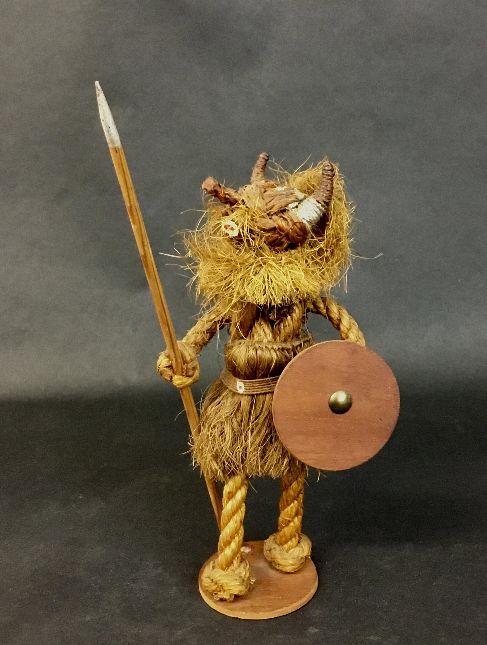 Rope Viking Jorgen Bloch Denmark Shield Spear: Terrific hard to find Viking soldier figure all done in rope by Jorgen Bloch Denmark. Similar to his rope lion figures. Great details - belt, horns, painted face. Has Made in Denmark sticker on base. 