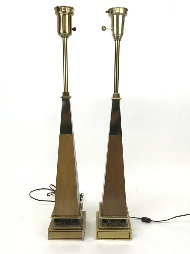 Pair Stiffel Obelisk Form Wood and Brass Table Lamps: 1950s table lamps by stiffel wood with brass accents 5' x 5" x 31"