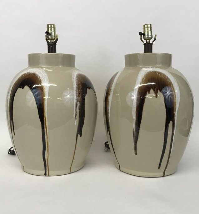 Pair Large Scale Drip Glaze Table Lamps: 1970's large table lamps in cream with browns and white drip over glaze 13.5"d x 21.5"h