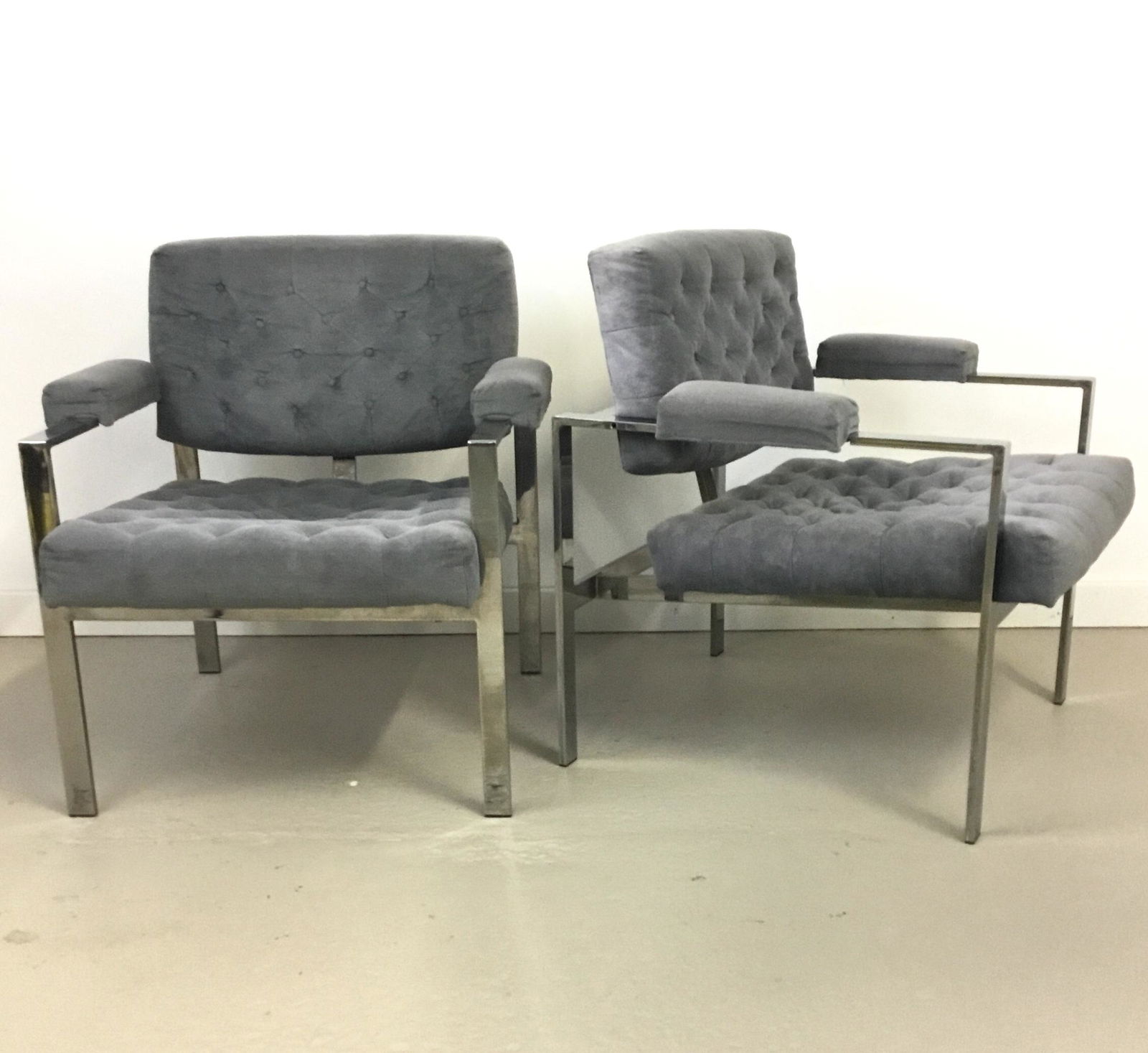 Pair Milo Baughman for Thayer Coggin Armchairs: Mid Century steel and upholstered armchairs Baughman for Thayer Coggin 1970s. Grey upholstery. 29" w 28" deep 30.5" tall, 16.5" seat height.