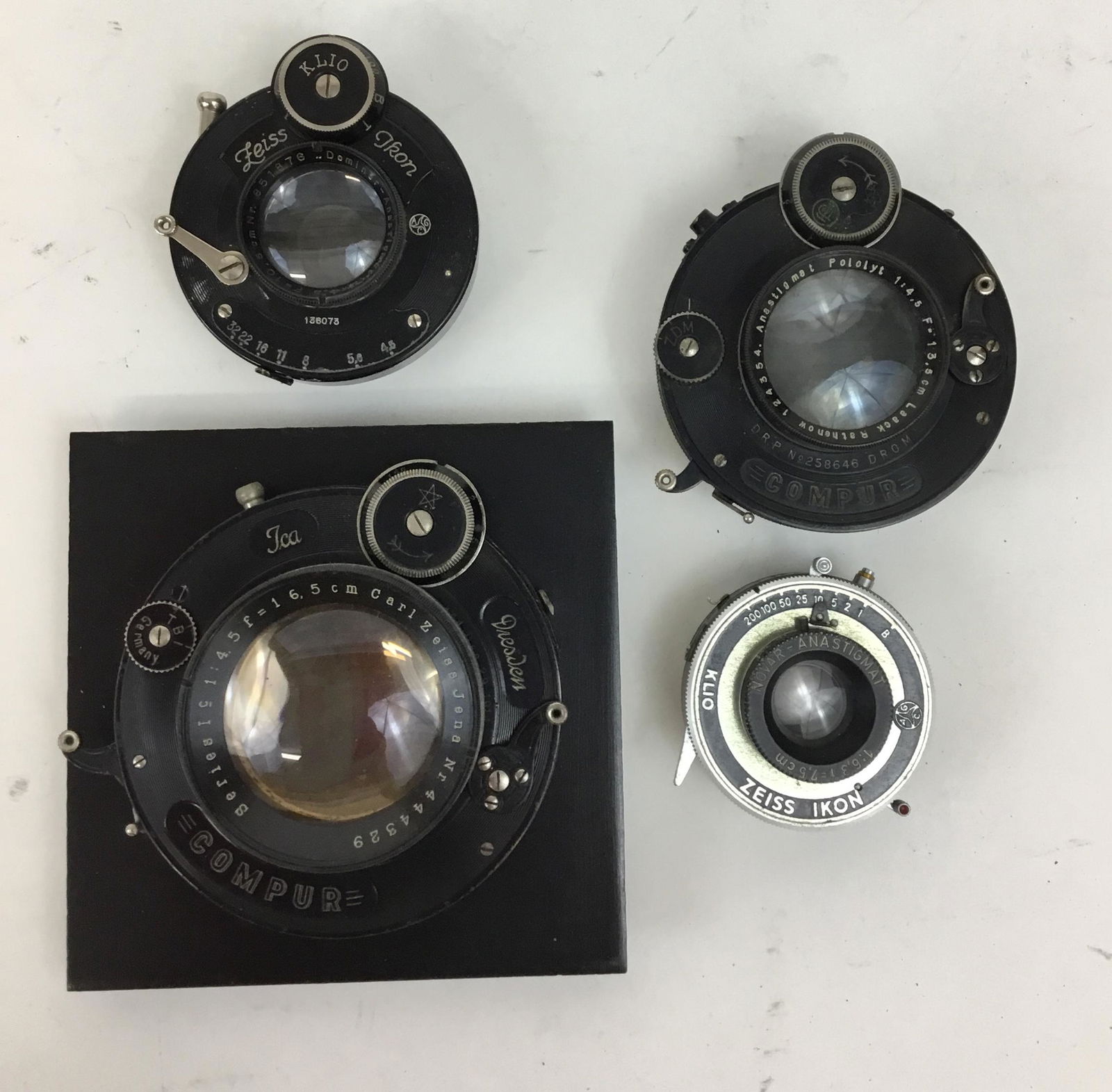 Vintage Zeiss Ikon Jena Lens for Large Format Graflex: Carl Zeiss Jena Compur Series 1c, another Compur, and two Zeiss Ikon Klio.