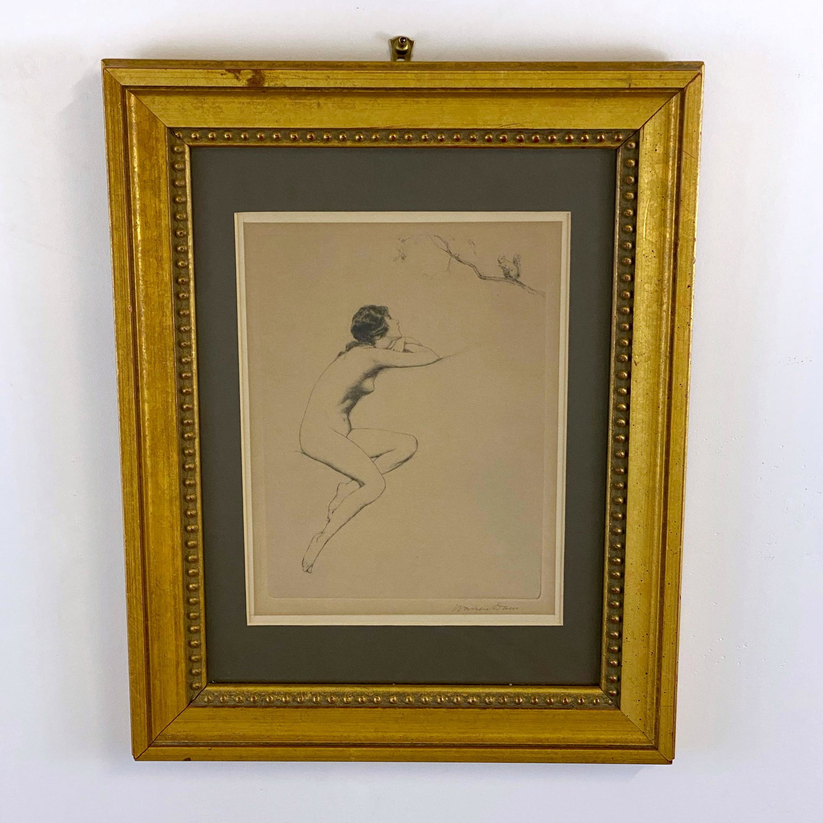 Etching by Warren Davis Girl Watching a Squirrel Nude: Pretty Art Deco style nude figure of a girl watching a squirrel on a branch. Pencil signed by the artist Warren Davis (American 1865-1928) Nicely framed. 12" by 15"