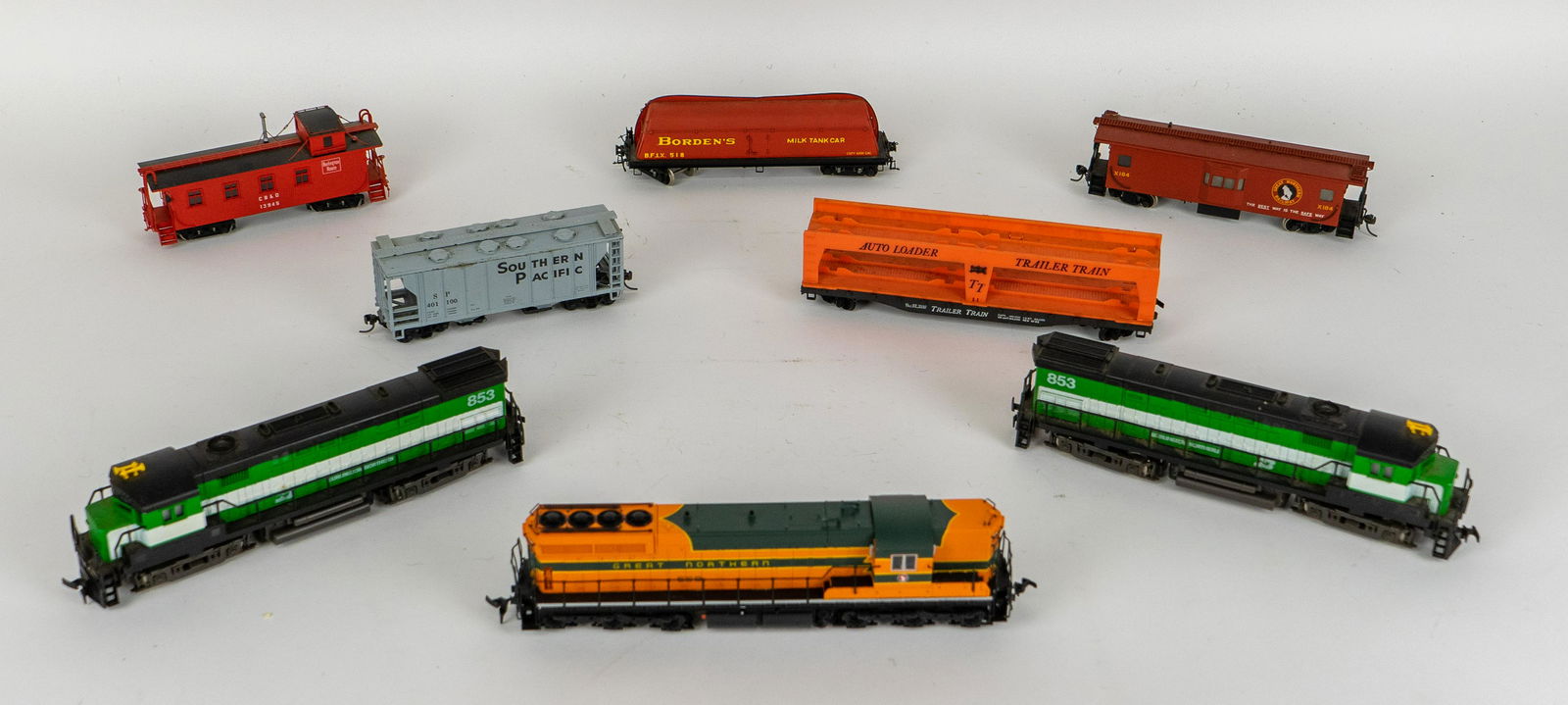 Lot of 8 Various RR Cars Including Three Locomotives Auto Loader Trailer Train Milk Tank Car and Two (1 of 13)
