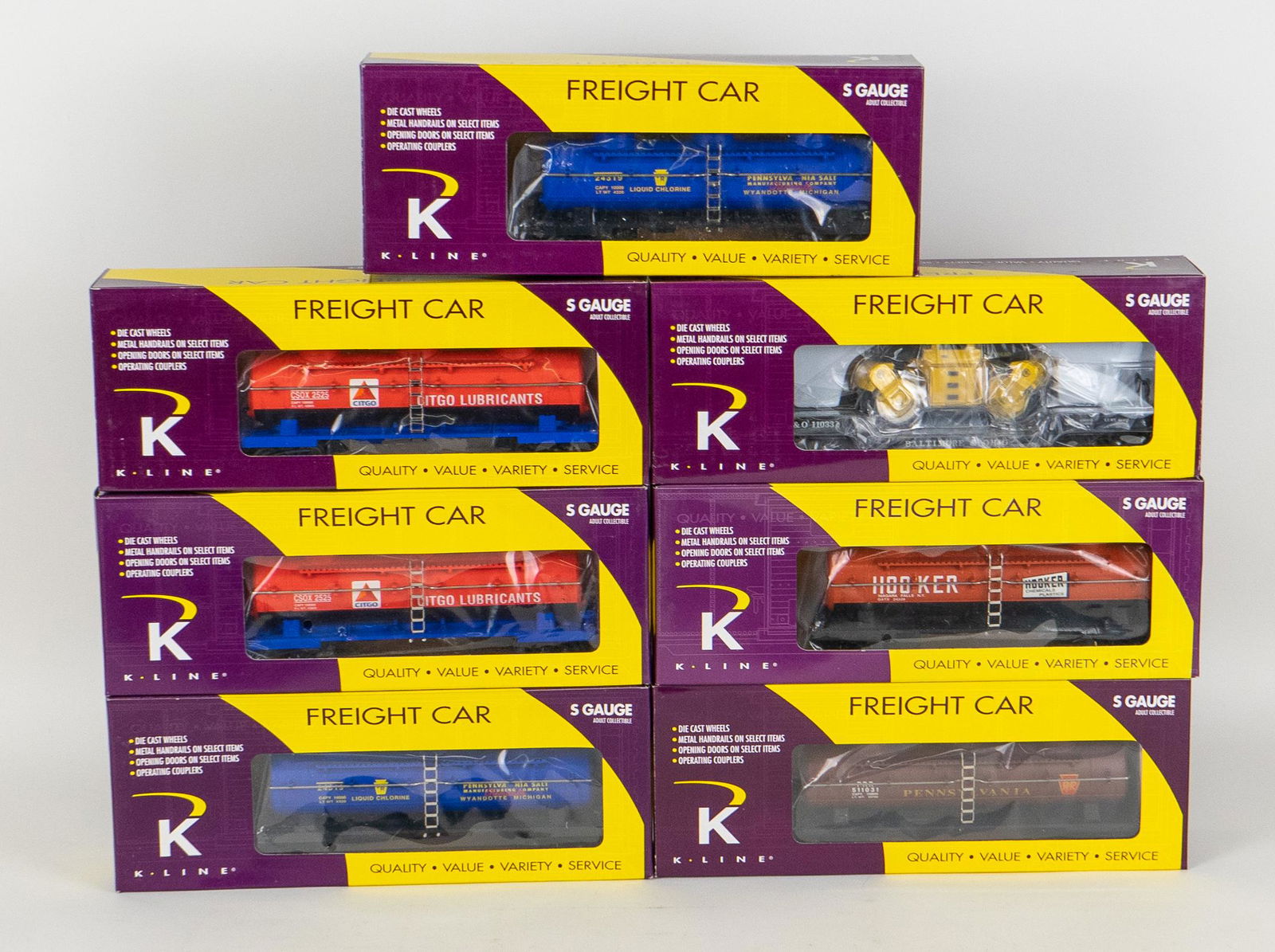 Lot of 7 S Scale Freight Cars Including Tank Cars and Flat Car w/ Vehicle (1 of 4)