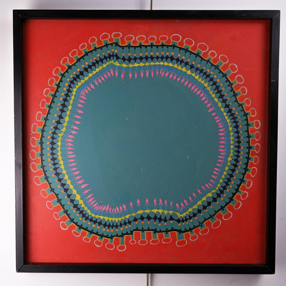 Lois Foley Abstract Painting on Wood, in Frame: A colorful and bold abstract painting by Lois Foley (1936-2000 Vermont), on Masonite and mounted in a simple black frame. 25" square