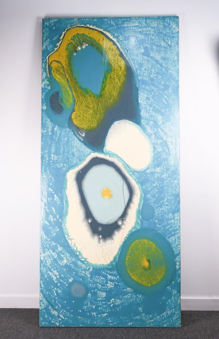 Anita Wechsler Large Resin Art Piece Blue Green: Anita Weschler (1903-2000) NYC artist sculptor and painter. This painting is an example of a technique that she invented, using plastic resins and synthetic glazes. This piece is painted on a hollow c