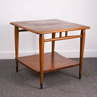 Andre Bus for Lane Acclaim Table End Stand: Mid-century side or end table designed by Andre Bus for Lane Furniture. Walnut and oak, 1965. 23" square and 21" high.