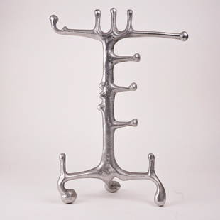 Donald Drumm Organic Aluminum Jewelry Holder: Modernist abstracted tree form in cast aluminum by Donald Drumm. Intended functionally as a jewelry holder, but makes a sculptural addition to any interior. 10.5" w by 4" d by 14.5" tall