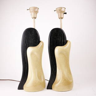 Pair Heifetz Cerused Oak and Ceramic Lamps: Nice pair vintage Yasha Heifetz table lamps in black Cerused oak with ceramic bodies. Original wiring. 7"w x 5.5"d x 22" tall.