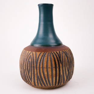 Victoria Littlejohn Studio Pottery Vase: This vase was created by renowned California mid-century studio potter Victoria Littlejohn. Tons of texture and rich color, signed to the base. 5.5” w and 8.5” tall