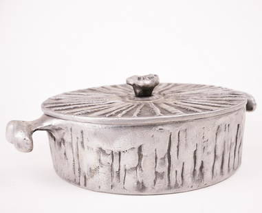 Donald Drumm Cast Aluminum Covered Pot: Terrific vintage aluminum handled low pot with lid by Donald Drumm. Signed to the finial. 13"w by 9.5"d by 4.5" tall