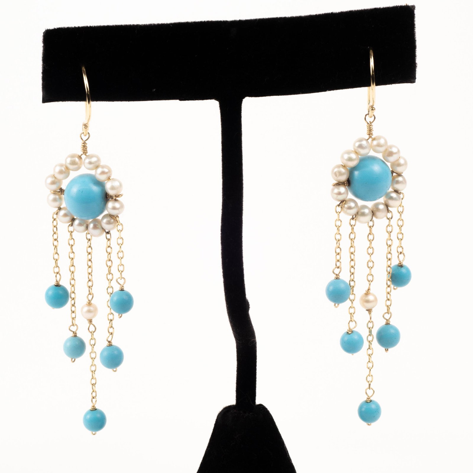 14K Turquoise and Pearl Chandelier Earrings: Fun and playful, these earrings have all the summer vibes! 14k gold earwires and chains, with turquoise and pearl beads. So pretty!
