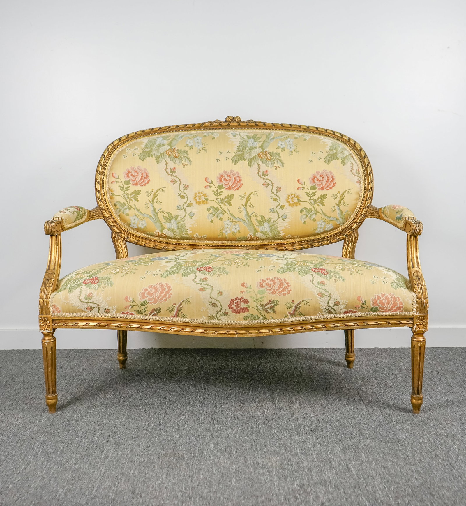 French Settee with Gilt Frame and Woven Yellow Fabric (1 of 12)