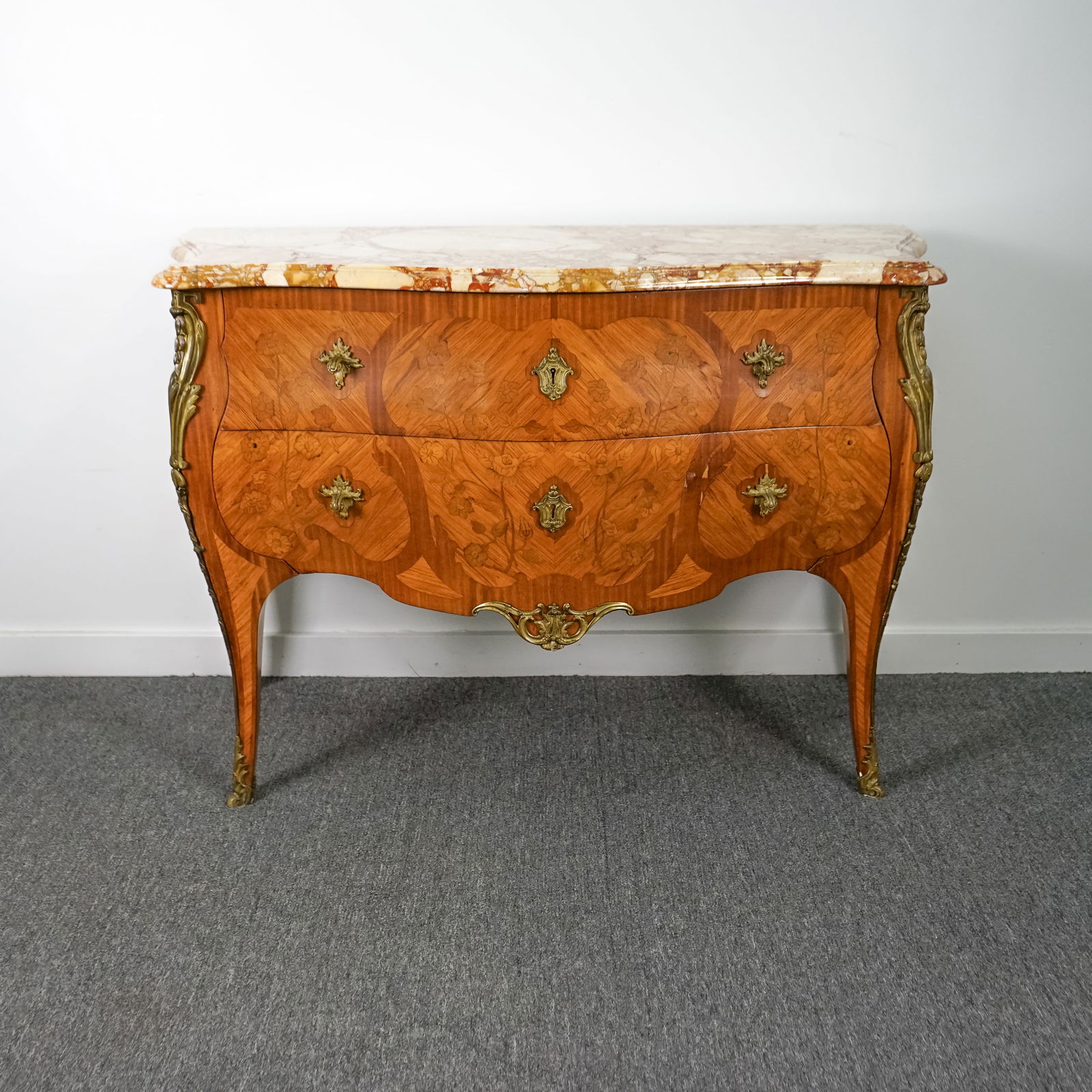 Inlaid Bombe Chest Louis XV Brass Mounted with Marble Top (1 of 19)