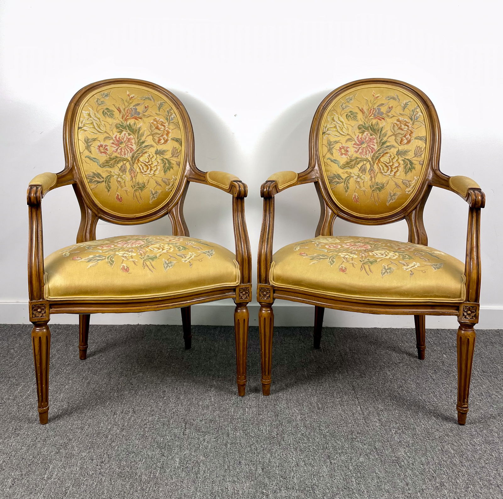 Pair French Open Armchairs with Embroidered Upholstery (1 of 8)