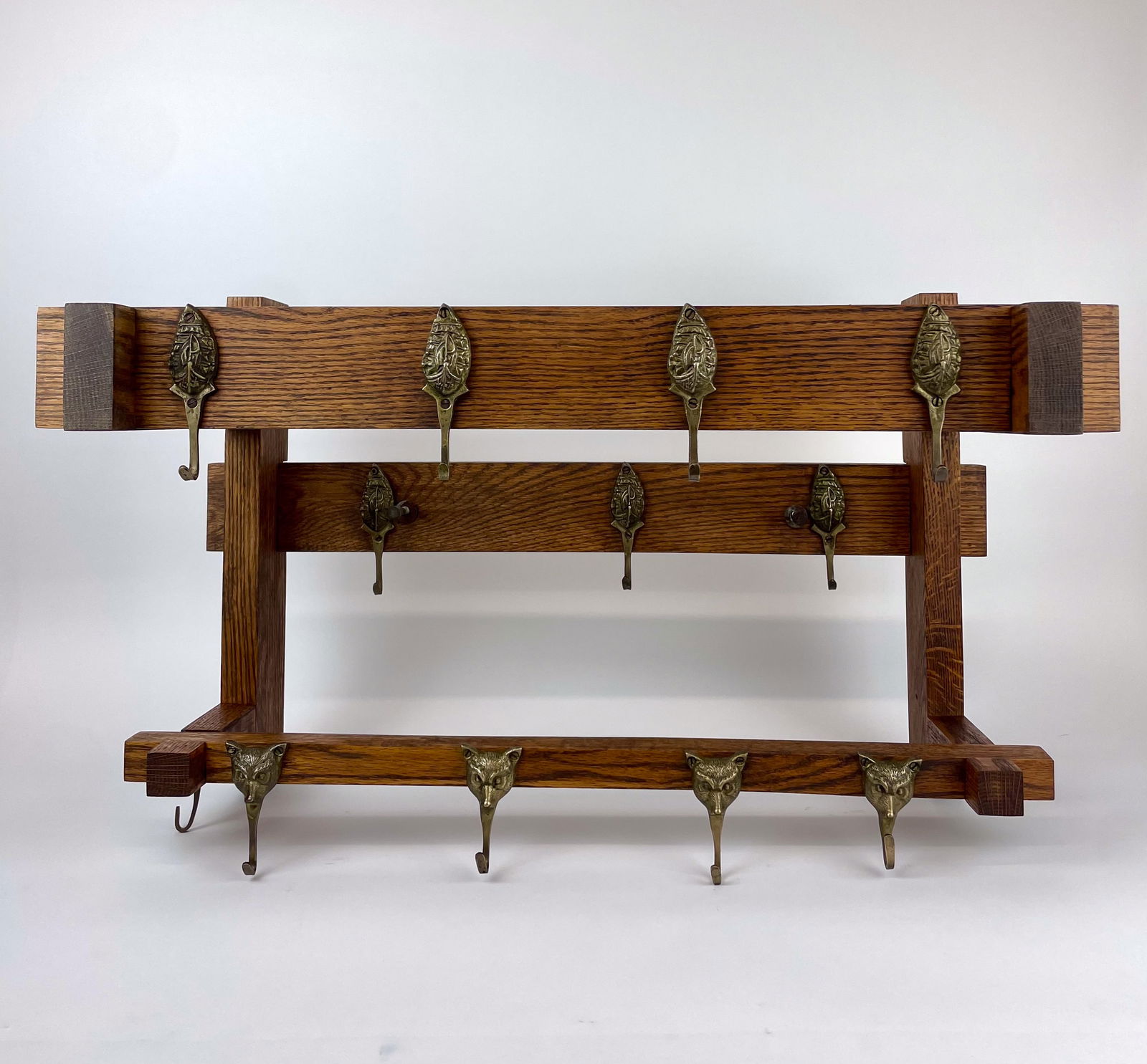 Oak and Brass Wall Mount Hook Rack Foxes (1 of 8)