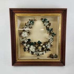 Antique Shadowbox with Victorian Feather Wreath