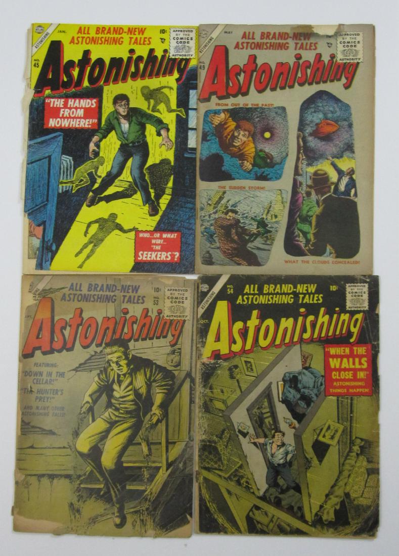 Astonishing #45, 49, 53 & 54 (Atlas): #45 missing back cover and front cover is not attached. White pages. Carl Burgos cover. #49 Small piece missing at top edge of cover with some tape residue. Minor spine wear including staple tears and