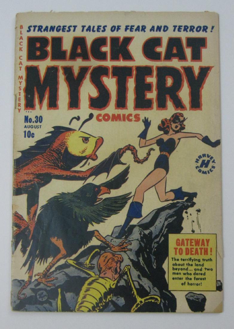 Black Cat Mystery #30 (Aug 1951, Harvey): VG 4.0 Moderate spine wear including staple tears and stress lines. Half inch tear near bottom right corner. Tiny piece missing at bottom right corner. Off-white to white pages. Golden Age.
