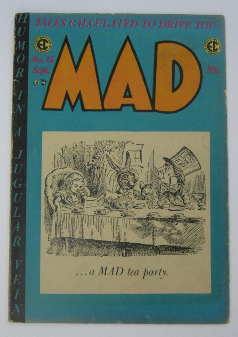 Mad #15 (Sep 1954, EC) Harvey Kurtzman, Wally Wood: VG- 3.5 Spine wear including staple tears and stress lines with color break. Cream to off-white pages. Harvey Kurtzman and Wally Wood art. Golden Age.