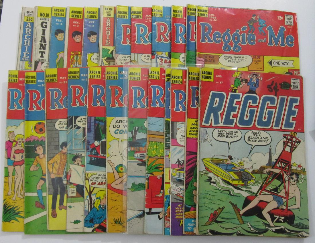Reggie and Me/Reggie's Jokes (24) Silver/Bronze Age: Reggie and Me #17, 19, 21-23, 25-31, 33-36, 39, 44 & 126. Reggie's Wise Guy Jokes #2-4, 10 & 47. Most in VG 4.0 condition.