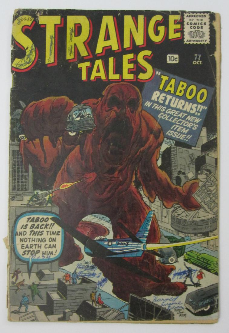 Strange Tales #77 Comic (Oct 1960, Atlas) Kirby/Ditko: Good- 1.8 One inch spine split at bottom. Heavy spine wear including staple tears and stress lines with color break. Writing in pen on cover. Light cream to off-white pages. Jack Kirby and Steve Ditko