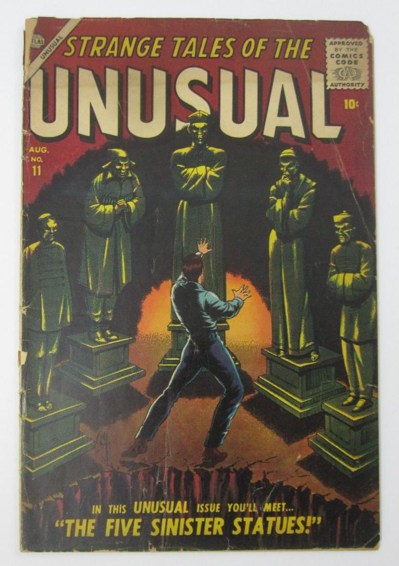 Strange Tales of the Unusual #11 (Aug 1957, Atlas): Good 2.0 One and a half inch spine split at top. Spine wear including staple tears and stress lines with color break. Cream pages. Bill Everett cover.