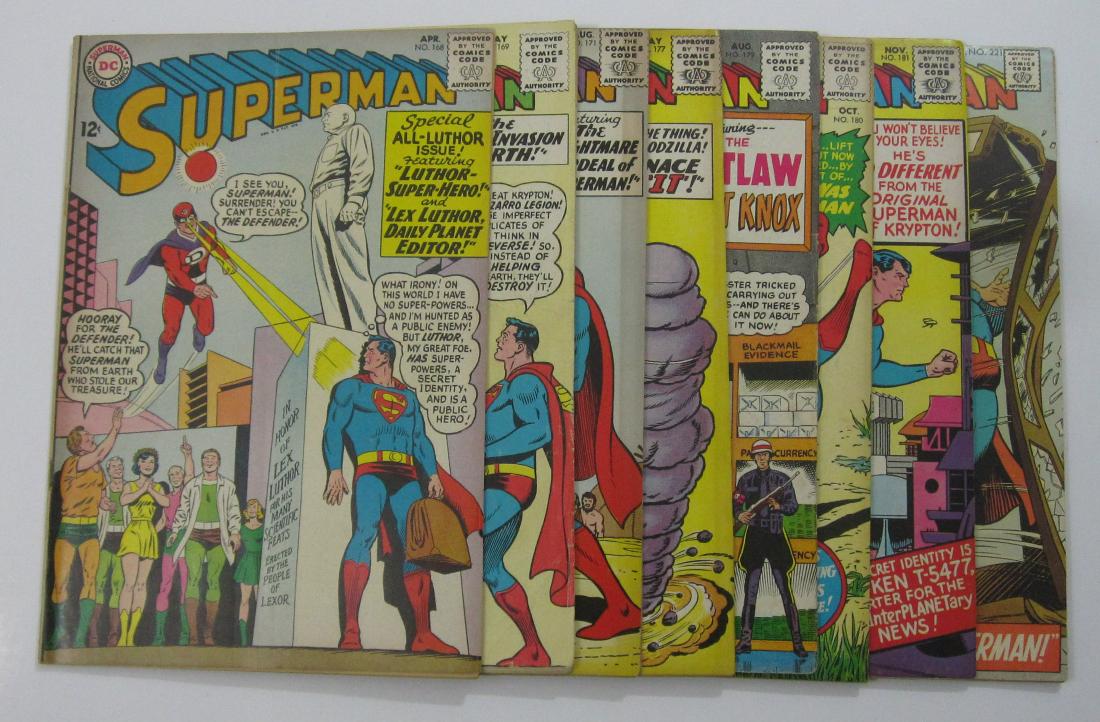 Superman (DC) #168, 169, 171, 177, 179-181 & 221: #168 VG- 3.5 Cover detached at top staple. Subscription crease with color break. Cream to off-white pages, #169 G/VG 3.0 Spine wear including staple tears and stress lines. Off-white pages, #171 Minor