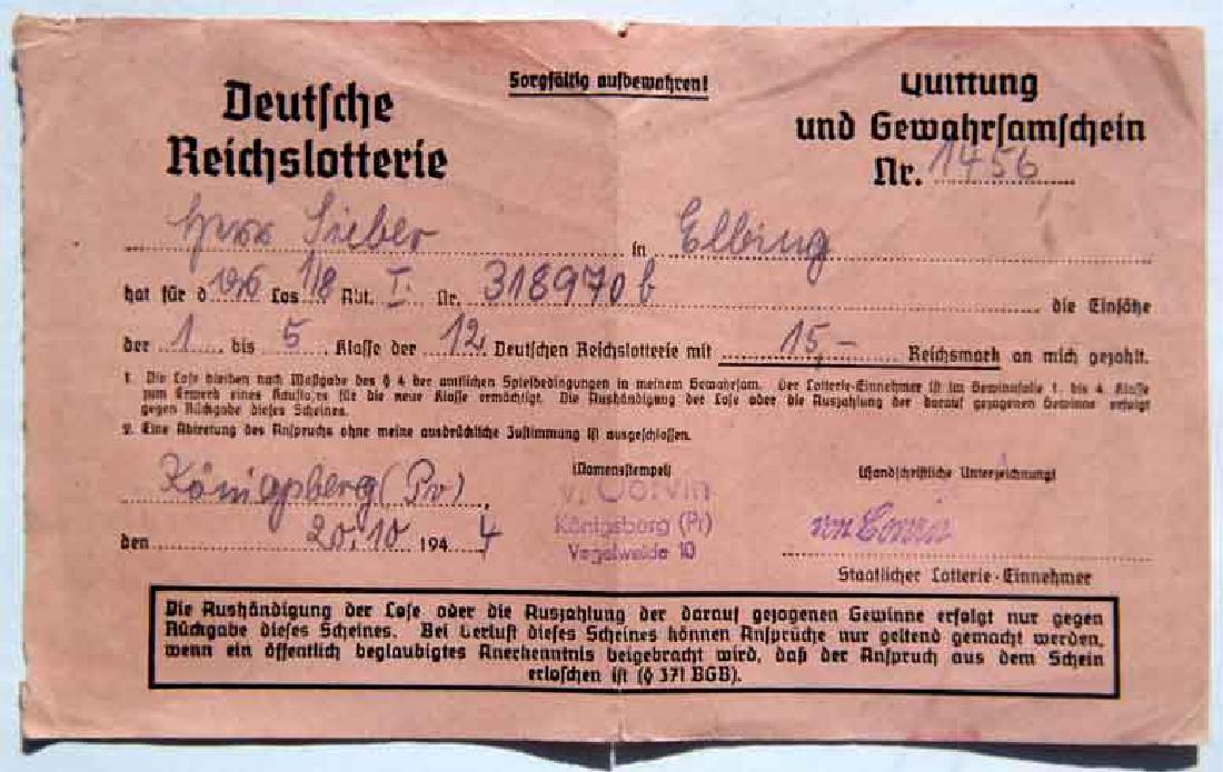 VERY RARE German WW2 Receipt for Reichs Lottery, 1944 (1 of 3)