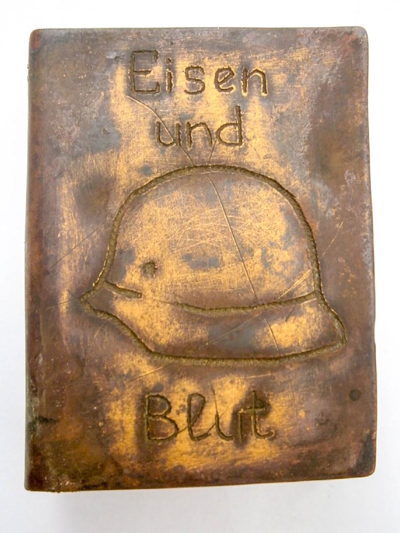 German WW2 Clip for Matches, HELMET M35, Eisen und Blut: For your consideration here is the Original German WW2 Clip for Matches. The box has inscription on it on German: Eisen und Blut and HELMET M35. Trench Art. The box is engraved by old technique-please