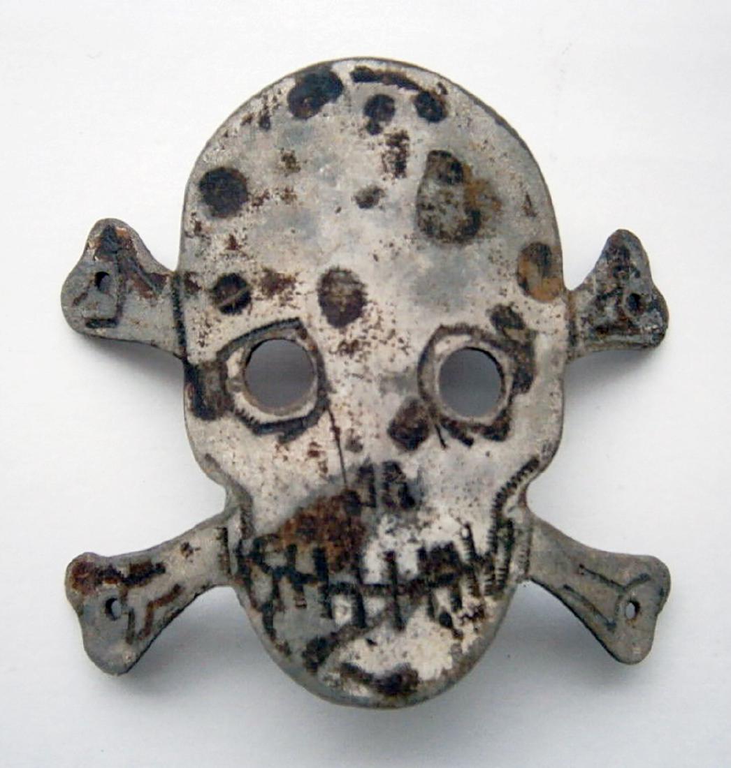 Original German WW2 COCARDE w. Skull and Bones: For your consideration here is the Original Rare German WW2 Aluminum COCARDE with Skull and Bones for Helmet, Trench Art. Size: 79 x 73 x 16 mm. Very attractive and collectible item. Original, not rep