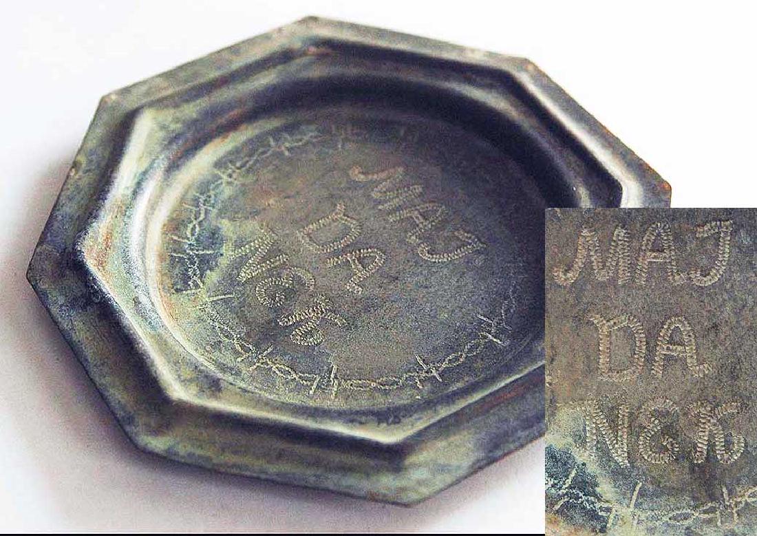 German WW2 Plate MAJDANEK w. Wire Barb, 1941-1944: Extremely Rare German WW2 Plate from Concentration Camp, 1941-1944. Plate has an inscriptin made by old technique: MAJDANEK and Wire Barb around. For your convenience we will ship your item for a reas
