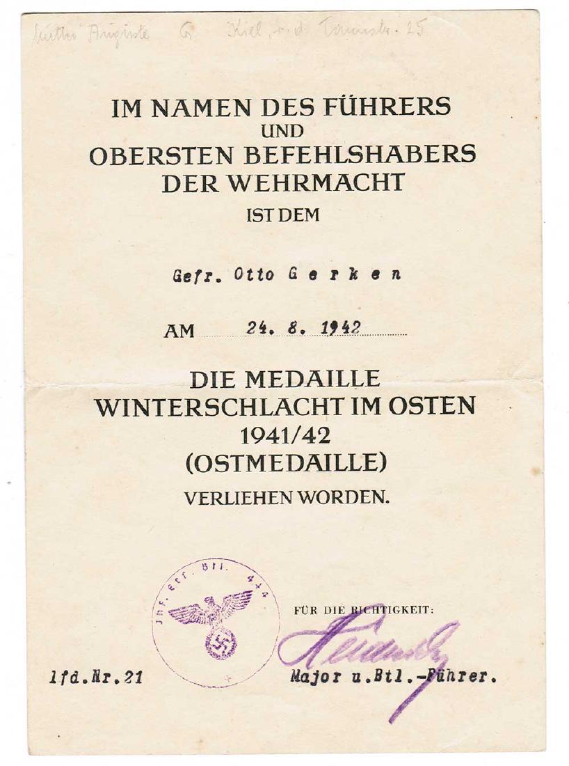 German WW2 Award Document OSTMEDAILLE, 1942 (1 of 9)