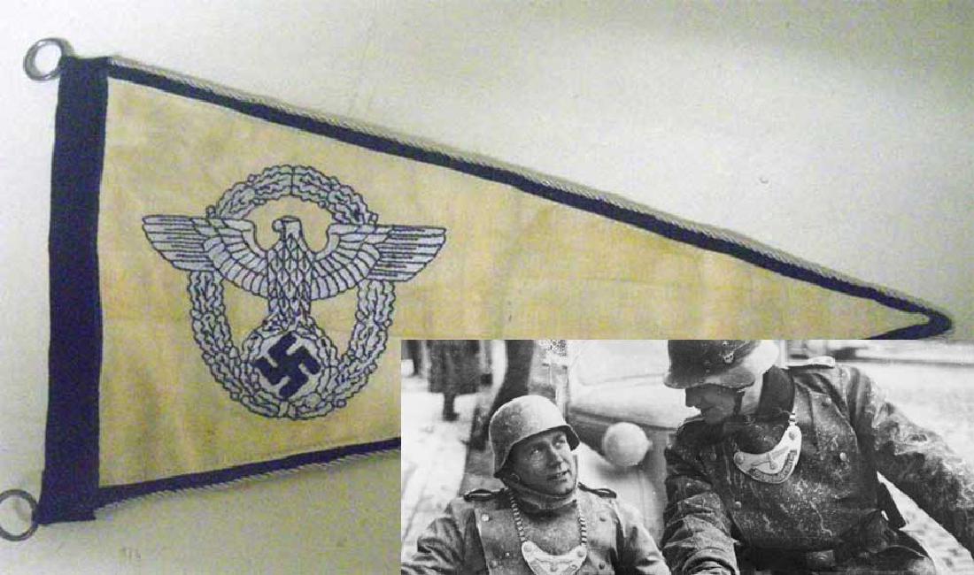 German WW2 POLICE Car Pennant, Embroidered: Rare German WW2 Police Car Pennant. This item is in pretty good shape, there is no mooting on it anywhere, the color is crisp and the writing clear, all the stitching is correct. Very rare and collect