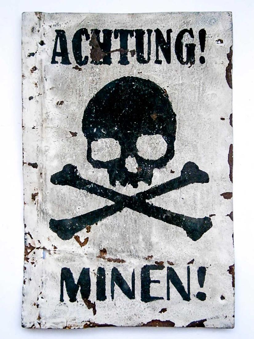 German WW2 LARGE Sign MINES w. Skull & Bones: Rare Original LARGE German WW2 Sign MINES with Skull and Bones. The sign has German text on it: ACHTUNG MINEN. Rare historical item !! 100% original. Large size: 366 x 248 mm. Please note: last image