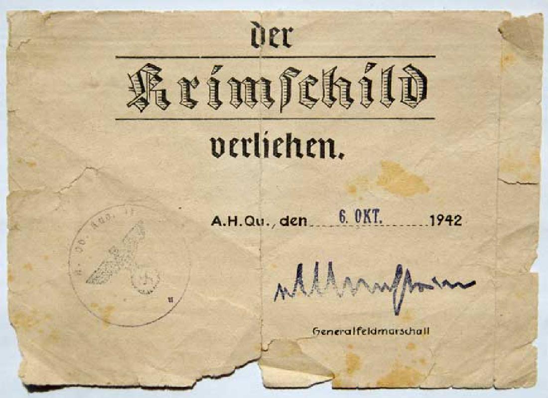 German WW2 AWARD DOCUMENT, KRIM SHIELD 1942 (1 of 9)