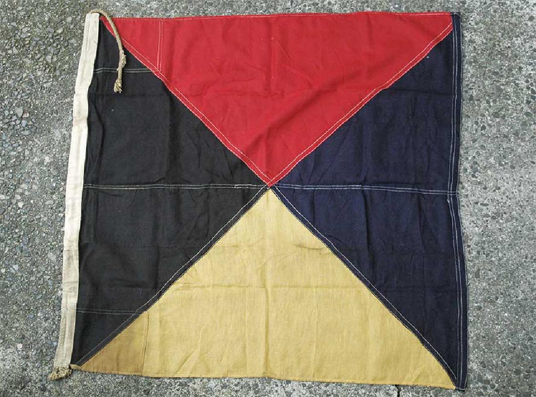 ENGLAND UK WW2 Naval Signal Flag Letter Z, Stamped: Original ENGLAND WWII Naval Signal Flag Meaning Letter Z, 1943. Excellent condition. Approx. 34 x 34 inches. The flag does not glow under the black lamp (all fabrics after 1945 are glow under the blac