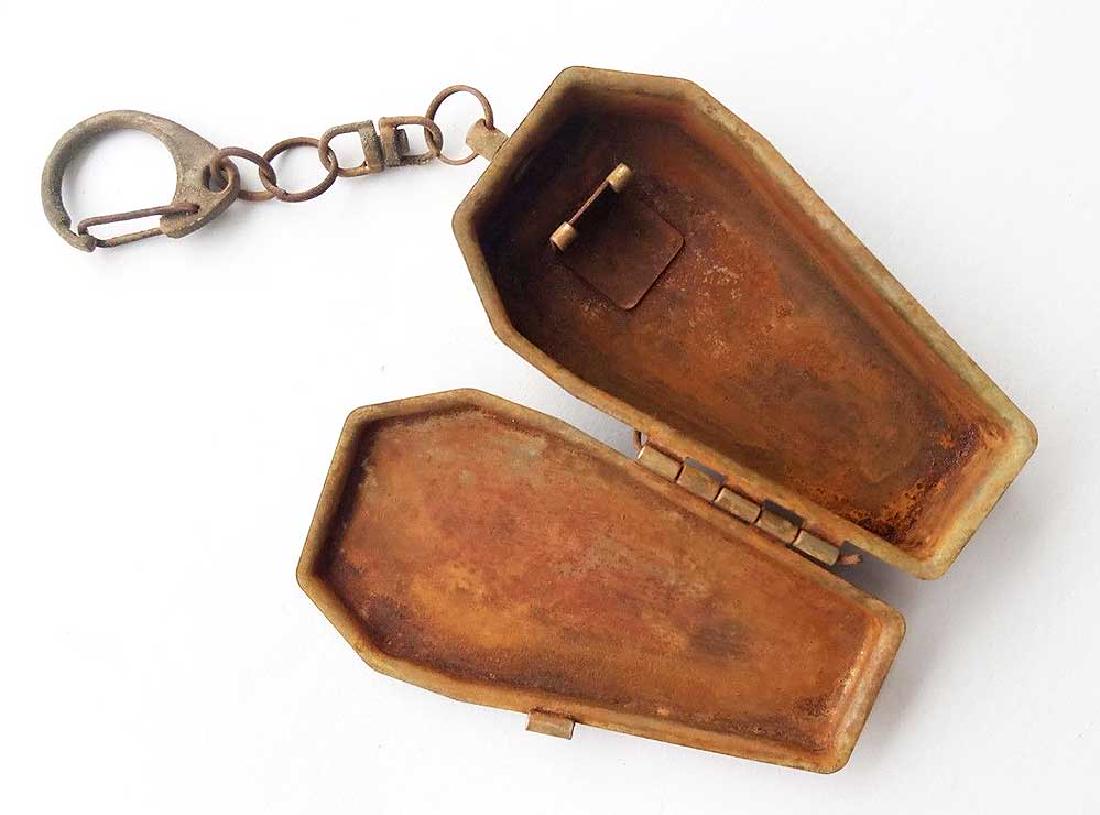 German WW2 Coffin Funerary Box, Keychain Key Fob: Original German WW2 Coffin Funerary Box, Keychain Key Fob. Trench art. Original, not reproduction. The item is perfect for museum or private collection. Very Unusual design. Size: 139 x 41 x 18 mm (5.
