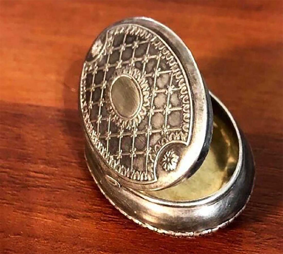 Russian Imperial Silver Pill Box, FABERGE: Russian Imperial Silver Pill Box, FABERGE. The box has marks on it: 84 for silver and AH for workmaster in Faberge shop - August Wilhelm Holmstrom (Swedish August Wilhelm Holmstrom, 1829, Helsingfors,