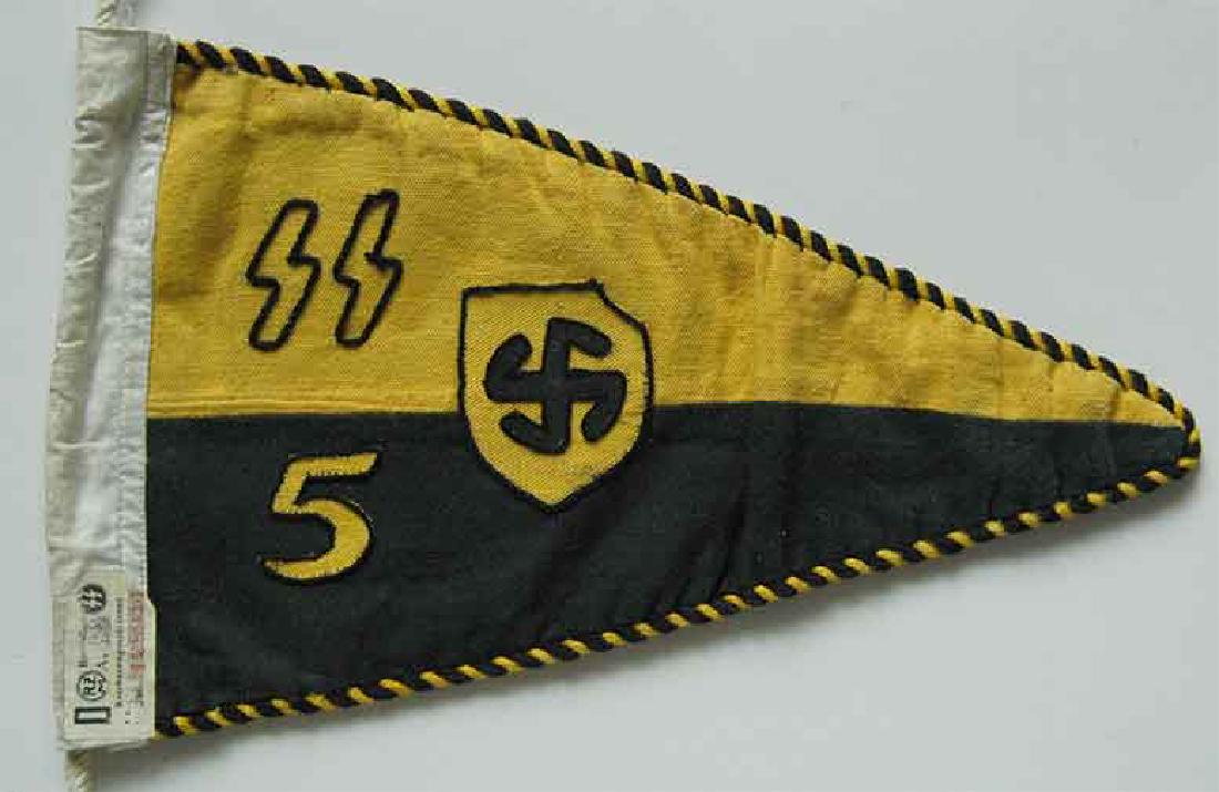 GERMAN WW2 SS ELITE NAZI CAR PENNANT w. RZM TAG: GERMAN WW2 SS ELITE NAZI CAR PENNANT with RZM TAG The pennant has a few symbols and RZM tag. It was used on the car. The pennant brought from German American soldier withSmith. It is in pretty good sh
