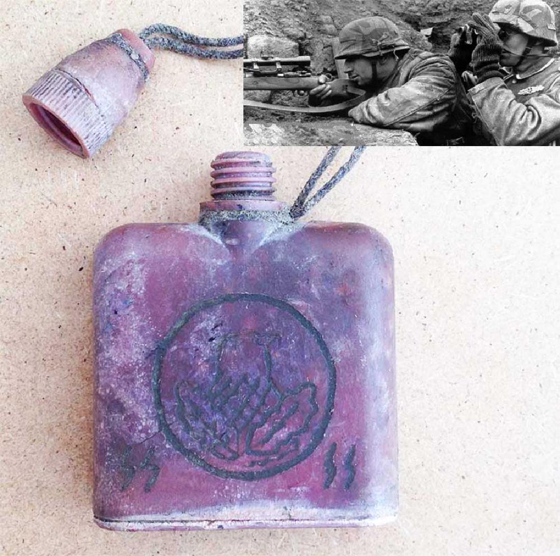 GERMAN WW2 BOTTLE SNIPER, HAUTENTGIFTUNGSMITTEL: GERMAN WW2 BOTTLE SNIPER, HAUTENTGIFTUNGSMITTEL, 1941-1945 This item was obtained from a large old collection in Europe. SIZE: 95 x 62 x 19 mm (3.7 x 2.4 x 0.7 inches). Please note: last image is for 