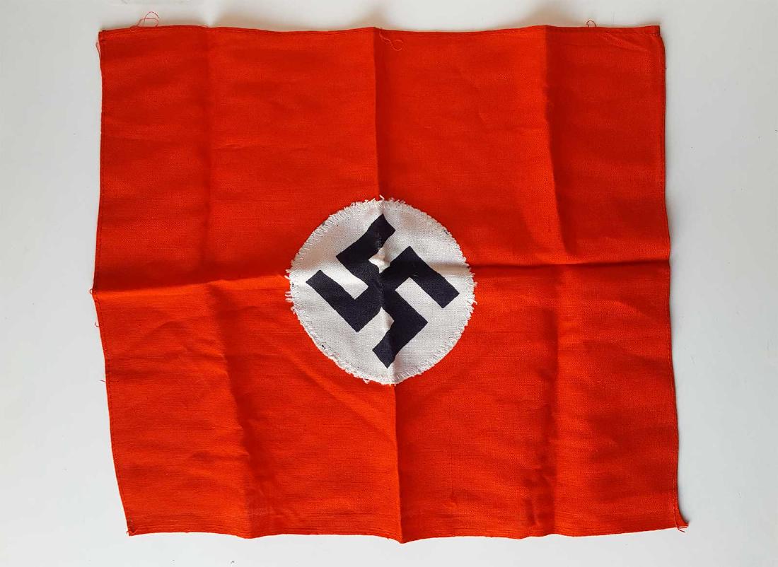 GERMAN WW2 NAZI NSDAP BANNER w. SWASTIKA: GERMAN WW2 NAZI NSDAP BANNER with SWASTIKA A red field with applied white disks, printed with a mobile swastika. The flag is bought on a famous auction in USA - it is confirmed one more time authentic